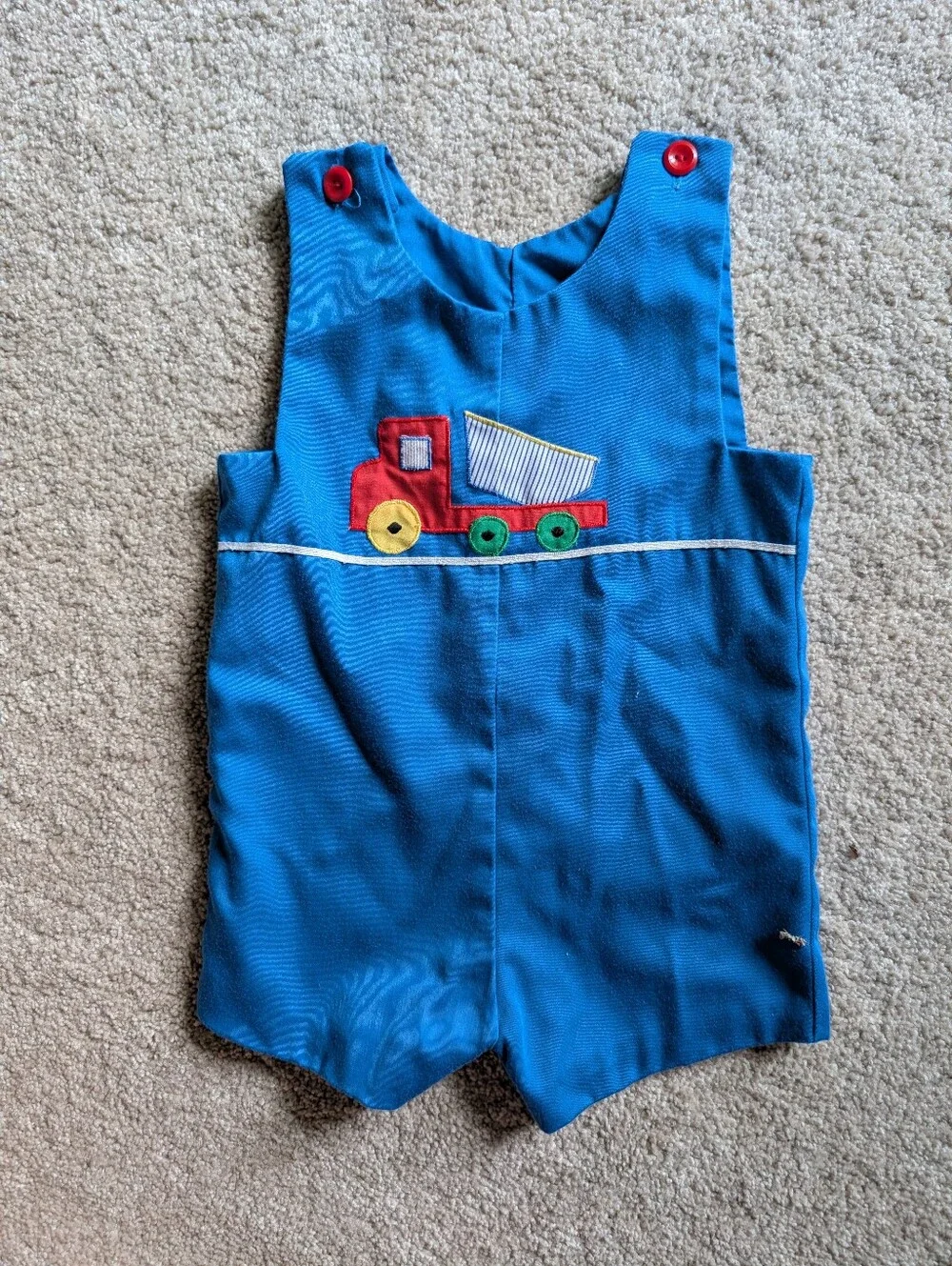 12 Month Blue Vintage Jon Jons Shortalls Set with Red Truck Appliqué Handmade